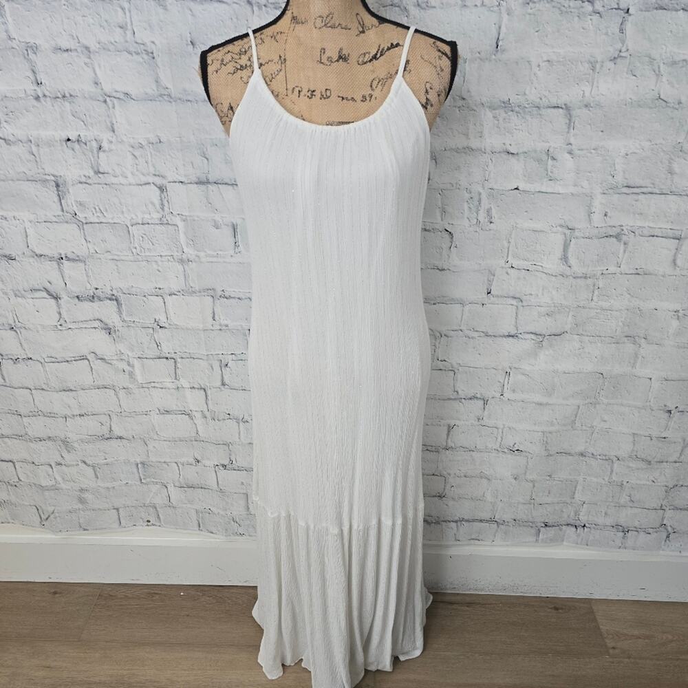 A new day maxi dress Sz M white gold strip sleeveless lined A6